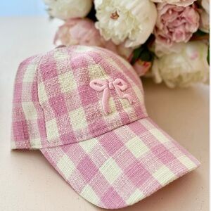 Pink and Cream Checkered Cap with Bow